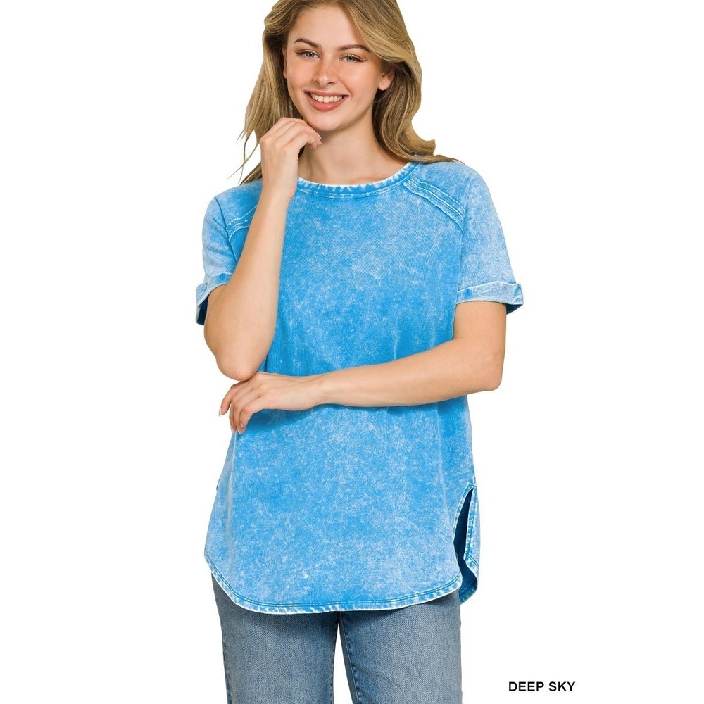 Zenana‎ French Terry Washed Curved Hem Top - Medium